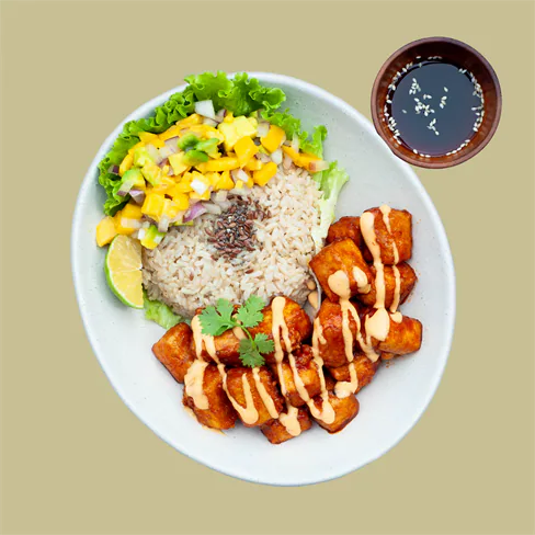 Cubes tofu rice with mango salad